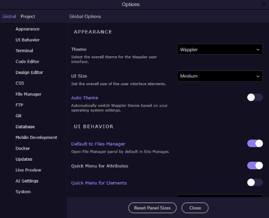 New Wappler Options Panel